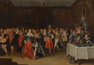 Una escena interior con figuras elegantes en una boda